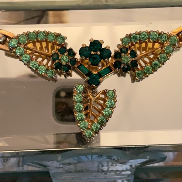 Sherman Signed Vintage Flower Design Necklace Green With Gold Tone Snake Chain. - Picture 5 of 6